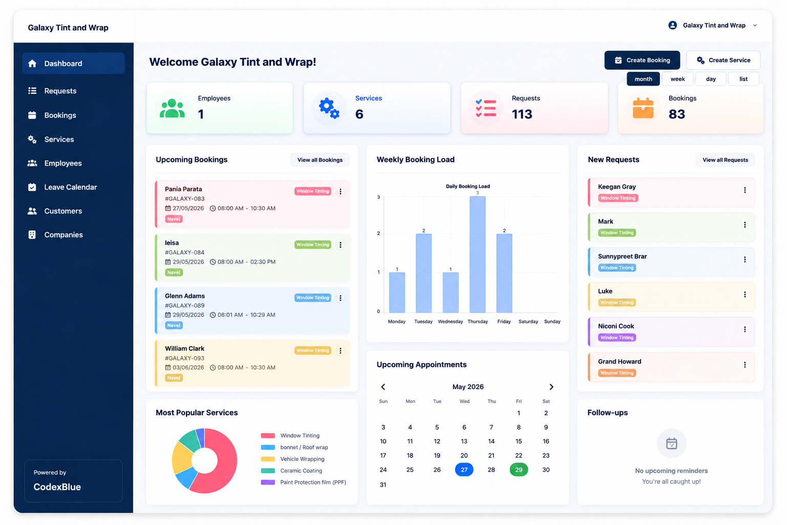 Custom CRM dashboard for tint & wrap business