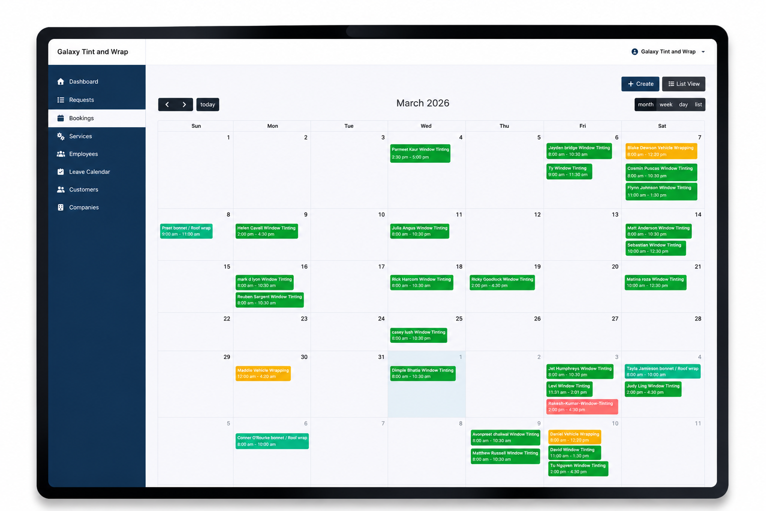 Booking calendar for window tint and vehicle wrap appointments